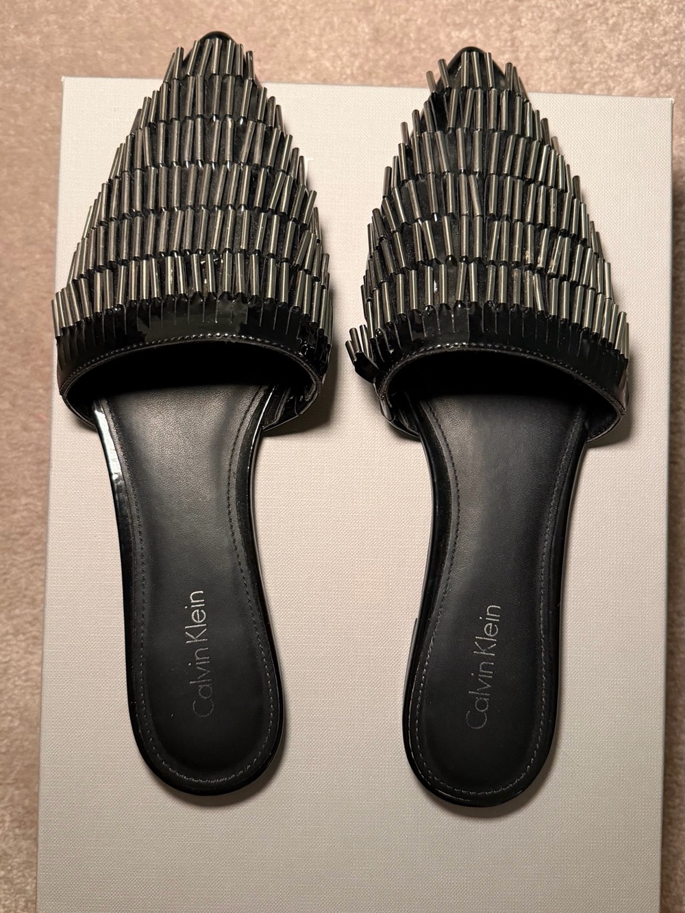 Calvin Klein Black Beaded Pointed Toe Slide Mules